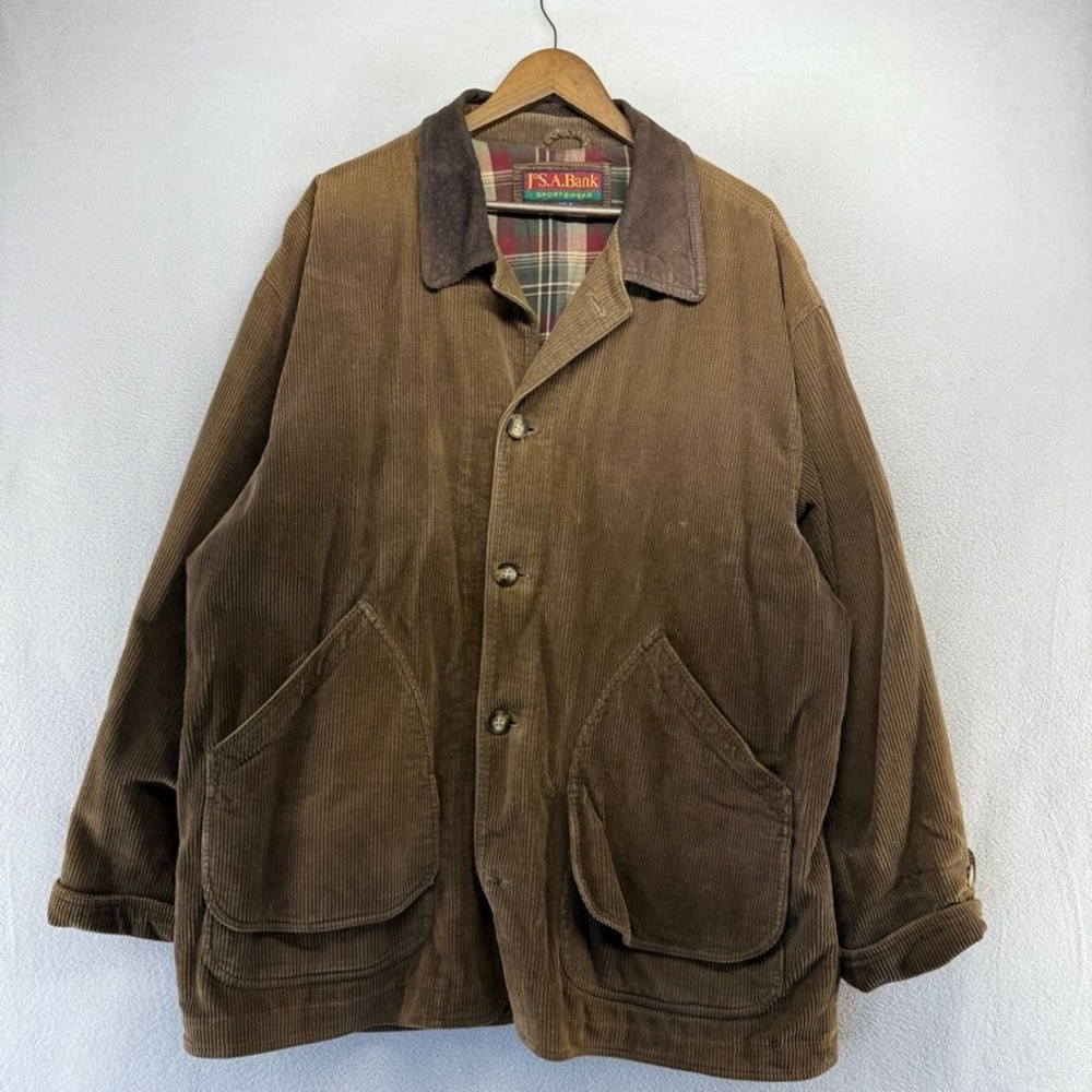 Vintage Jos A Bank Barn Coat Men's XL Brown Corduroy Lined  Leather Collar 90s